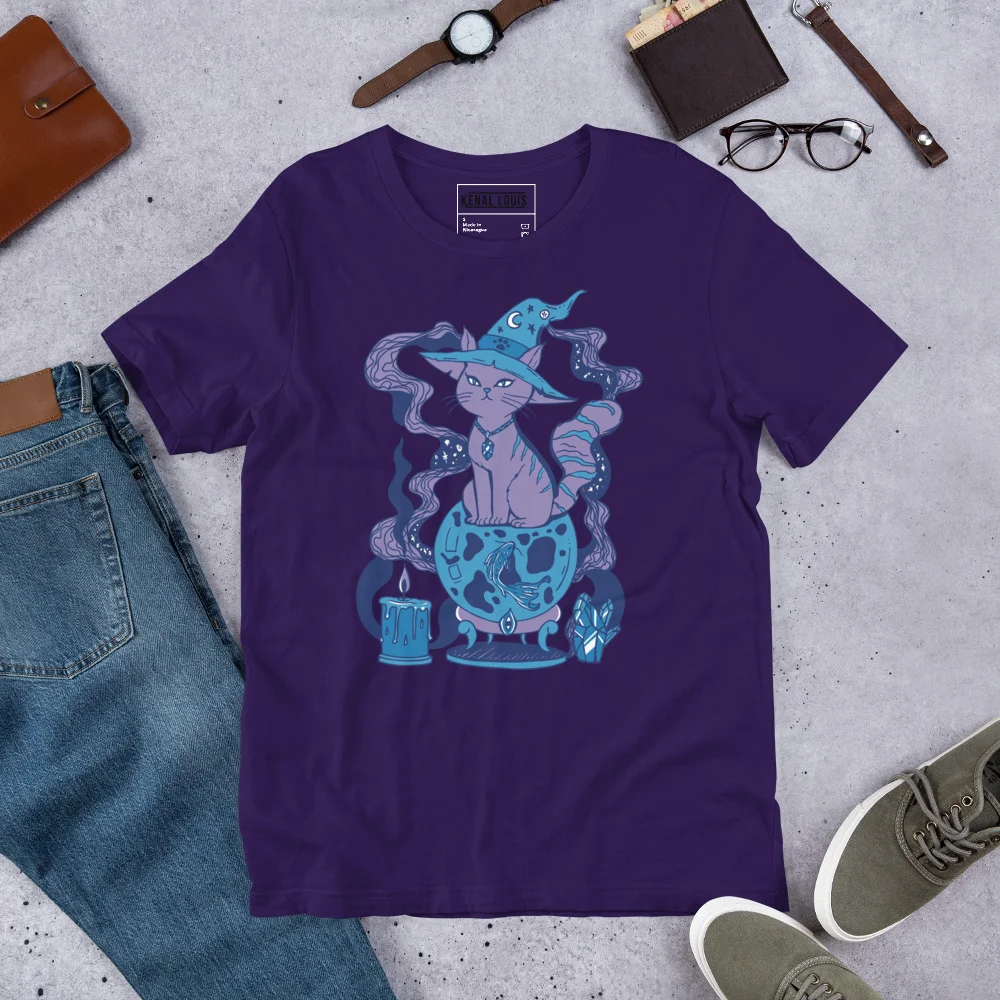 Purple magical cat t-shirt featuring a mystical blue cat design with fortune elements and mystical accessories
