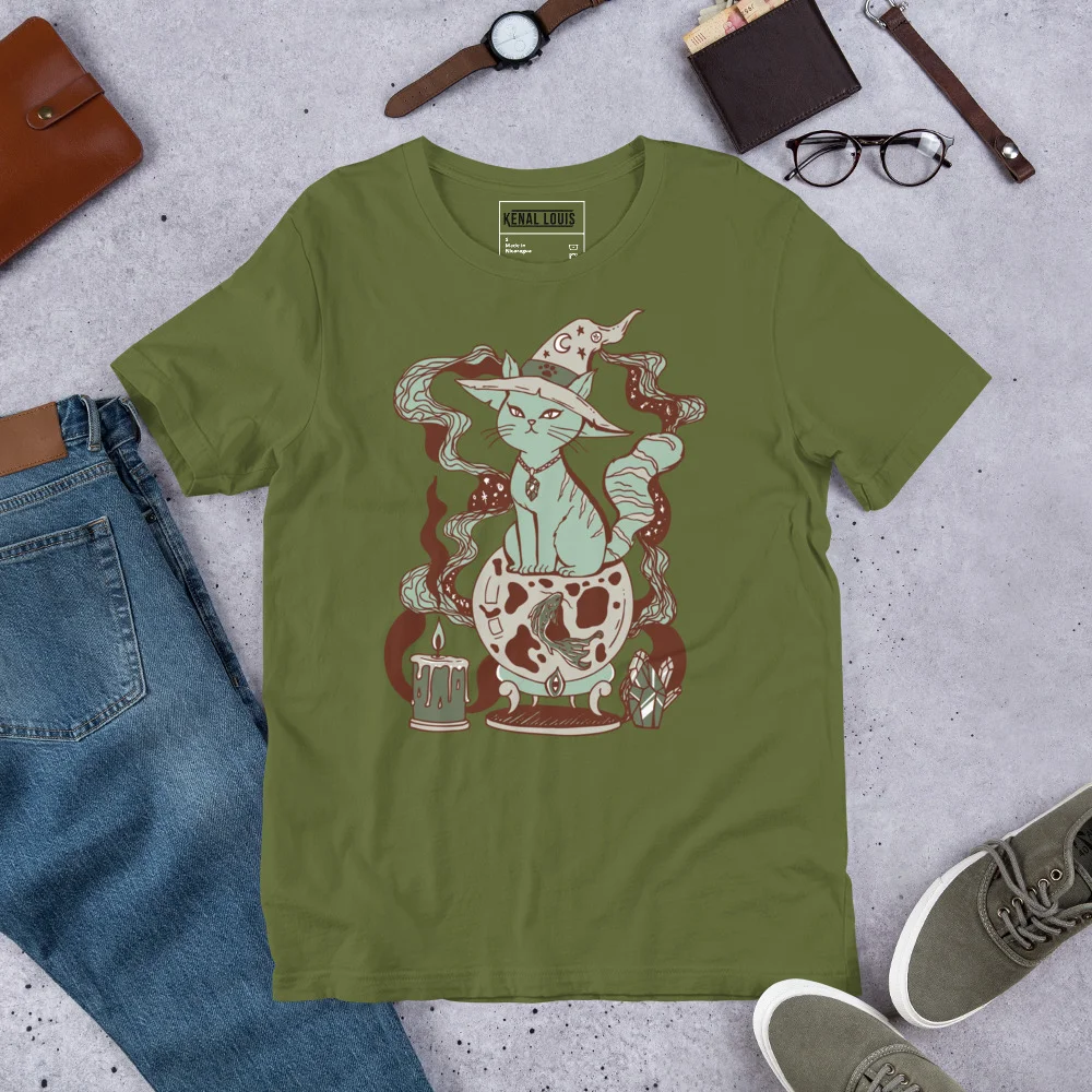 Sage green magical cat t-shirt featuring a fortune-telling feline with mystical design elements and tarot imagery