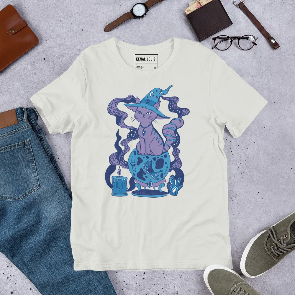Cream magical cat t-shirt featuring a mystical purple and blue cat with wizard hat and crystal ball design
