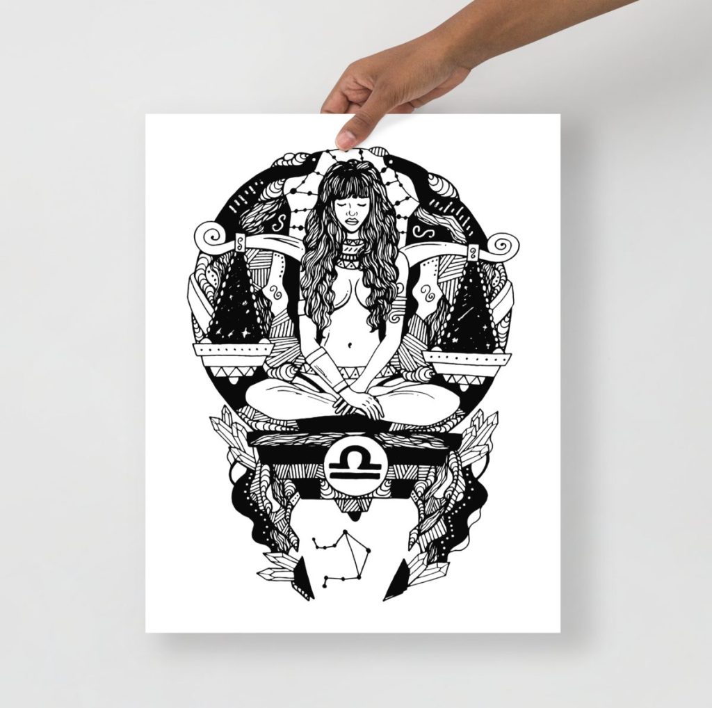 Libra zodiac celestial feminine wall art balancing scales in ethereal illustrative style