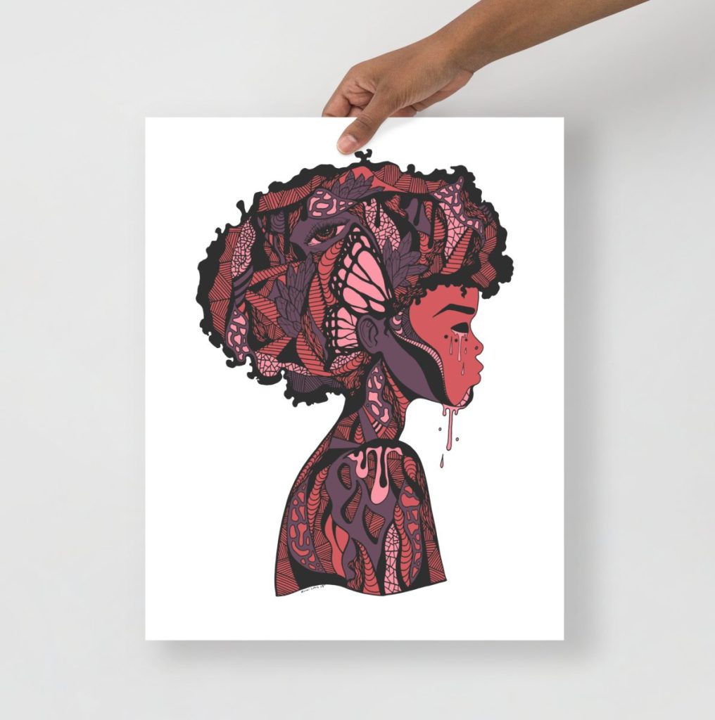 Afrocentric woman with beautiful mind portrayed in mauve art prints rose hued wall art