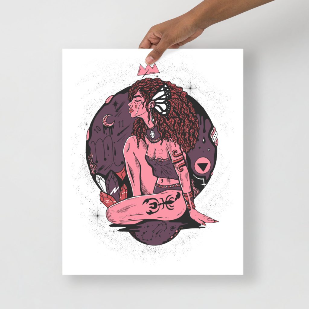 Scorpio goddess zodiac portrait rendered as a striking mauve rose wall decor print