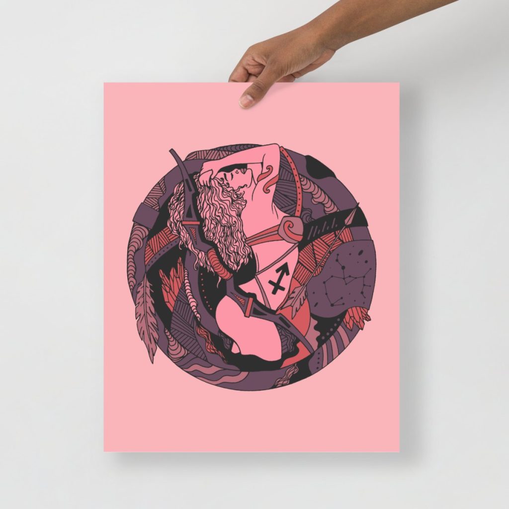 Sagittarius zodiac symbol depicted with elegant botanical details in mauve art prints collection