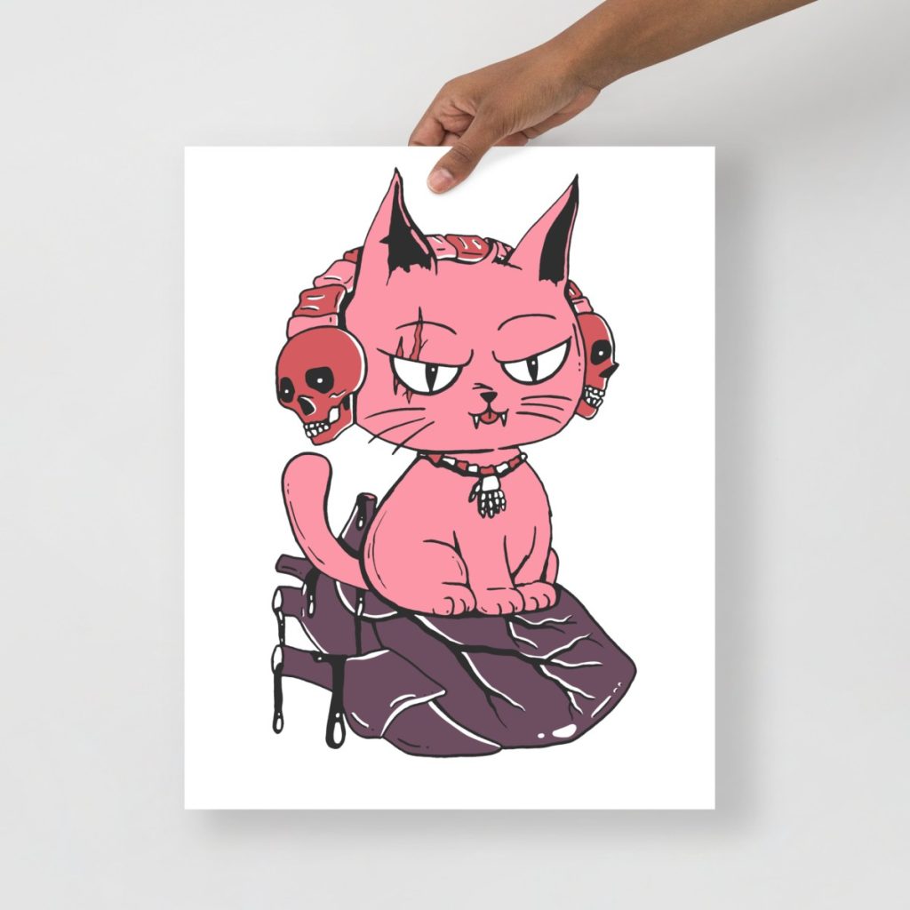 Wicked black cat perched on a heart featured in mauve art prints with rose tones