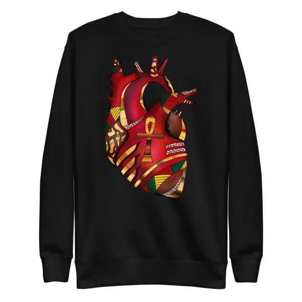 Black melanin heart sweatshirt featuring bold red and gold cultural artwork on the front chest