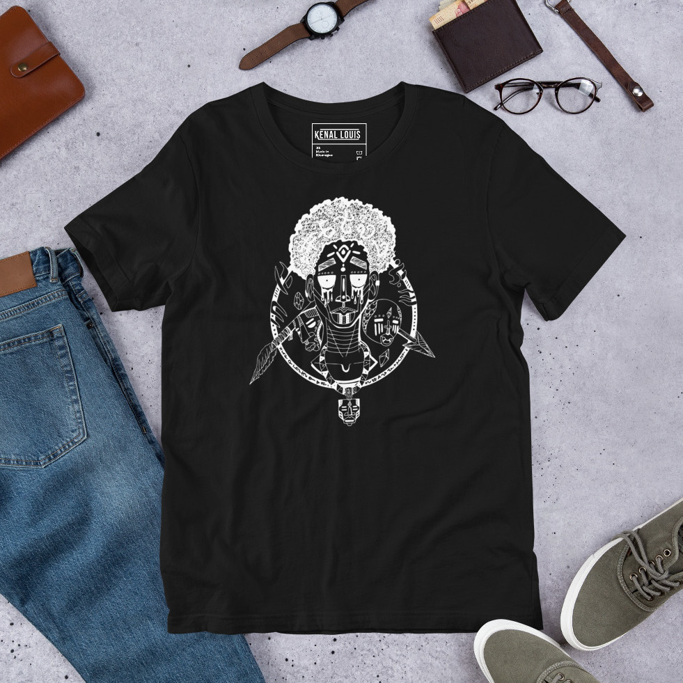 Mens art t shirts featuring a boy standing between two warring African tribes bold graphic