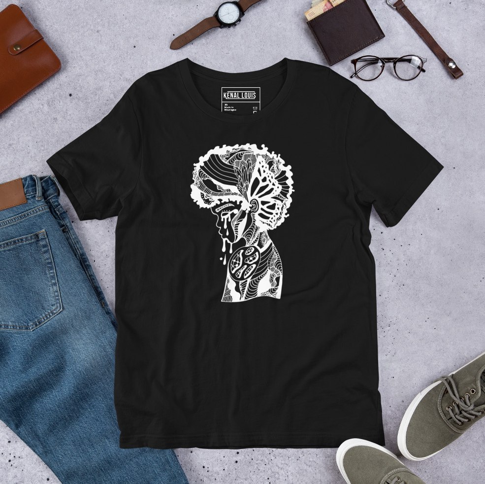 Beauty in struggle depicted through striking line art on an Afro mens artistic tee