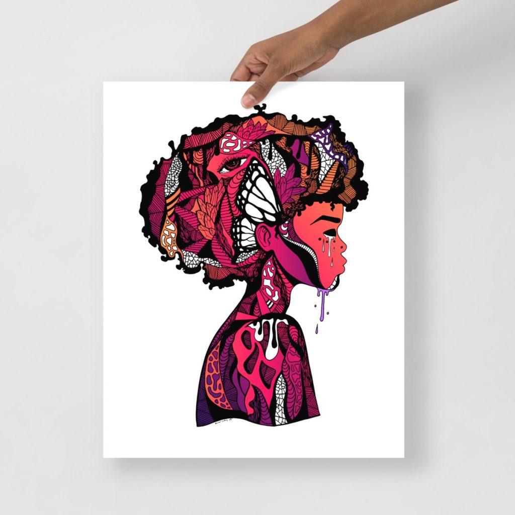 Afrocentric woman portrait sunset tones exploring mind consciousness art beautifully