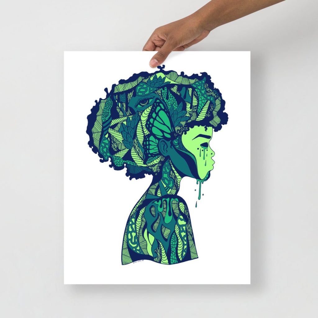 Rich green Afrocentric art print capturing consciousness and inner mind awakening