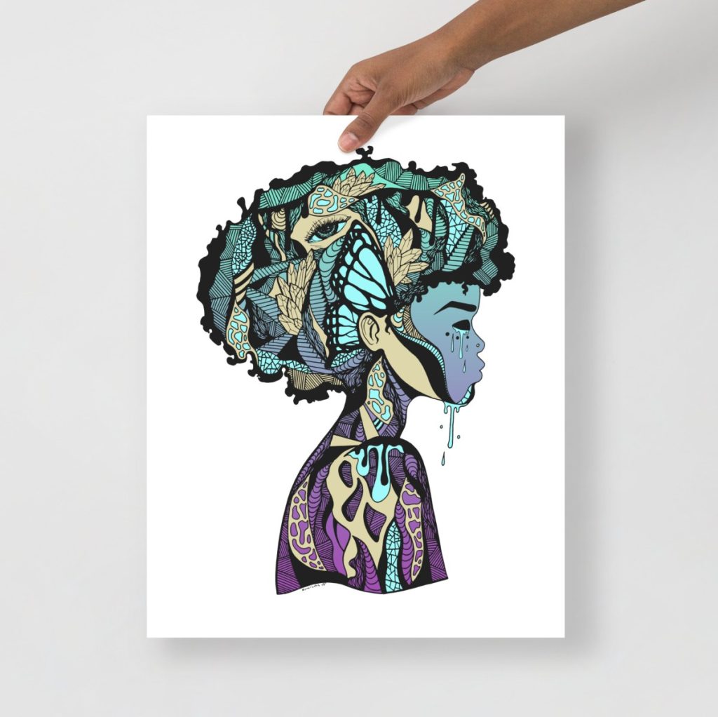 Purple hued Afrocentric portrait celebrating mind consciousness art with bold elegance