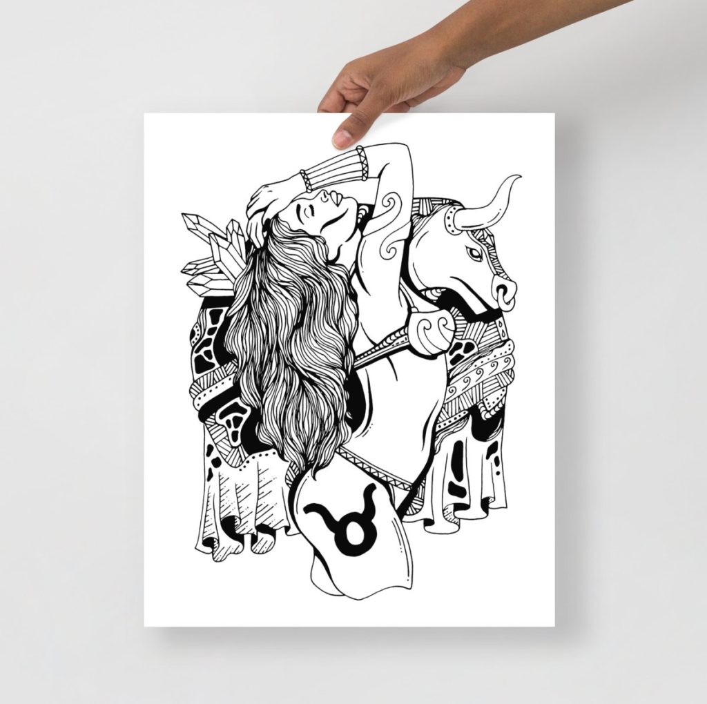 Taurus zodiac bull celestial wall art print with elegant constellation line work