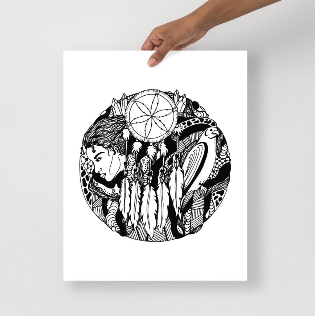 Intricate modern boho art dreamcatcher featuring a soaring falcon in detailed pencil drawing