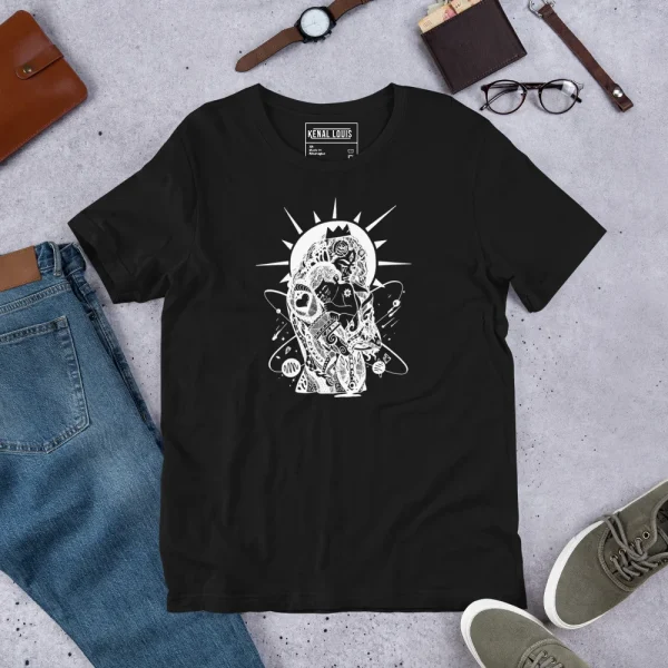 Black mom t-shirt with white line art design featuring mother and sun graphic, flat lay with accessories