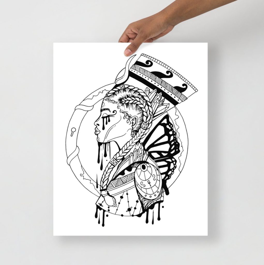 Egyptian queen black goddess braids line drawing celebrating regal feminine beauty