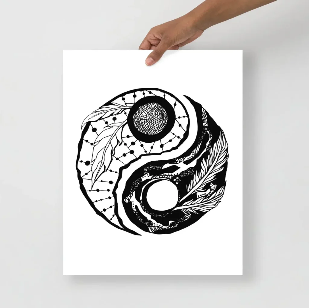 Feather yin yang monochrome art print balancing nature and zen symbolism