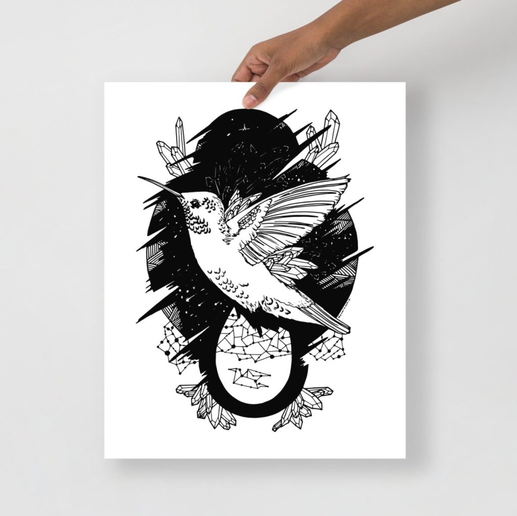 Graceful hummingbird rendered in fine black lines for minimalist wall art