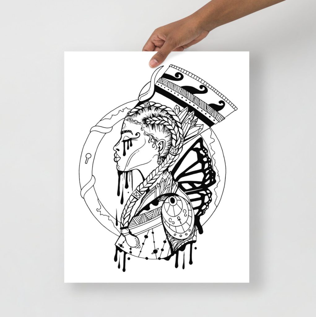Elegant Black goddess with braided hair in bold Egyptian queen line drawing