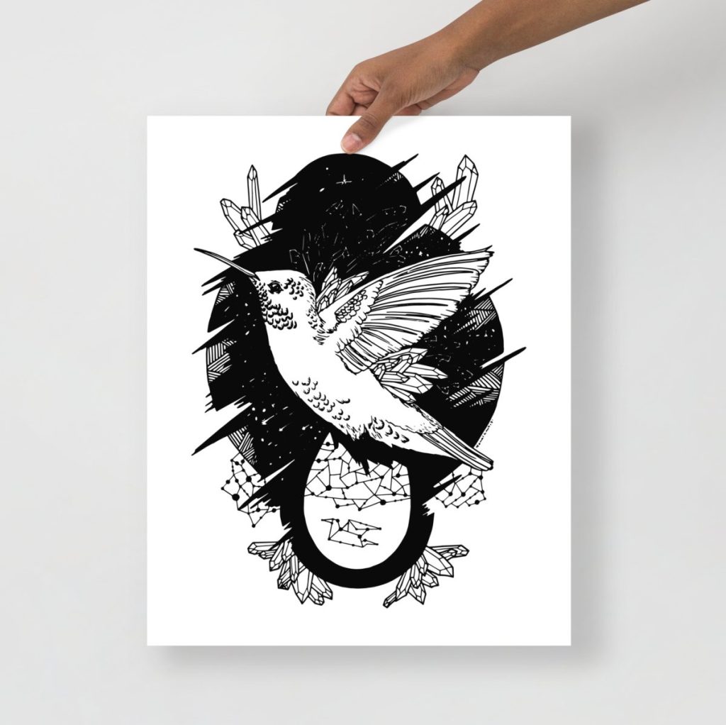 Delicate hummingbird rendered in fine lines as striking monochrome wall art