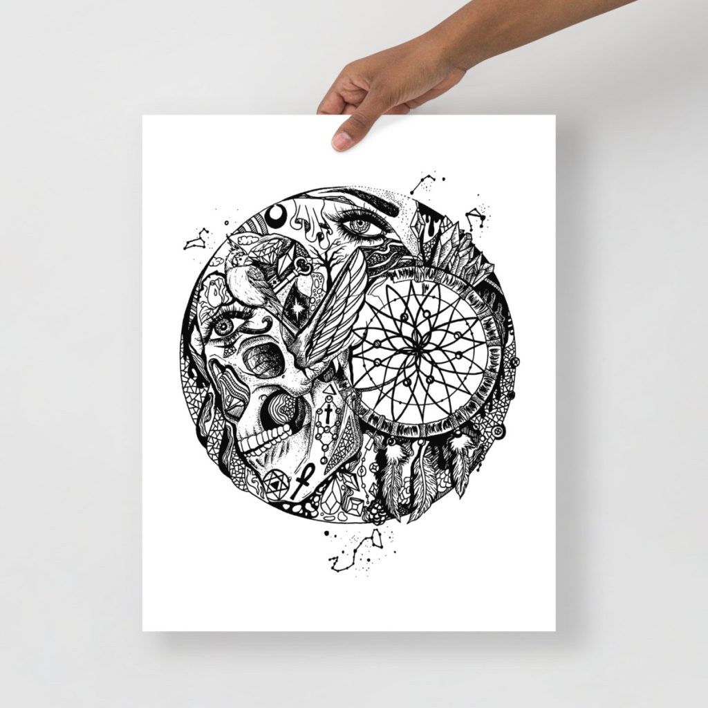 Intricate skull entwined with dreamcatcher in detailed pen and ink drawing