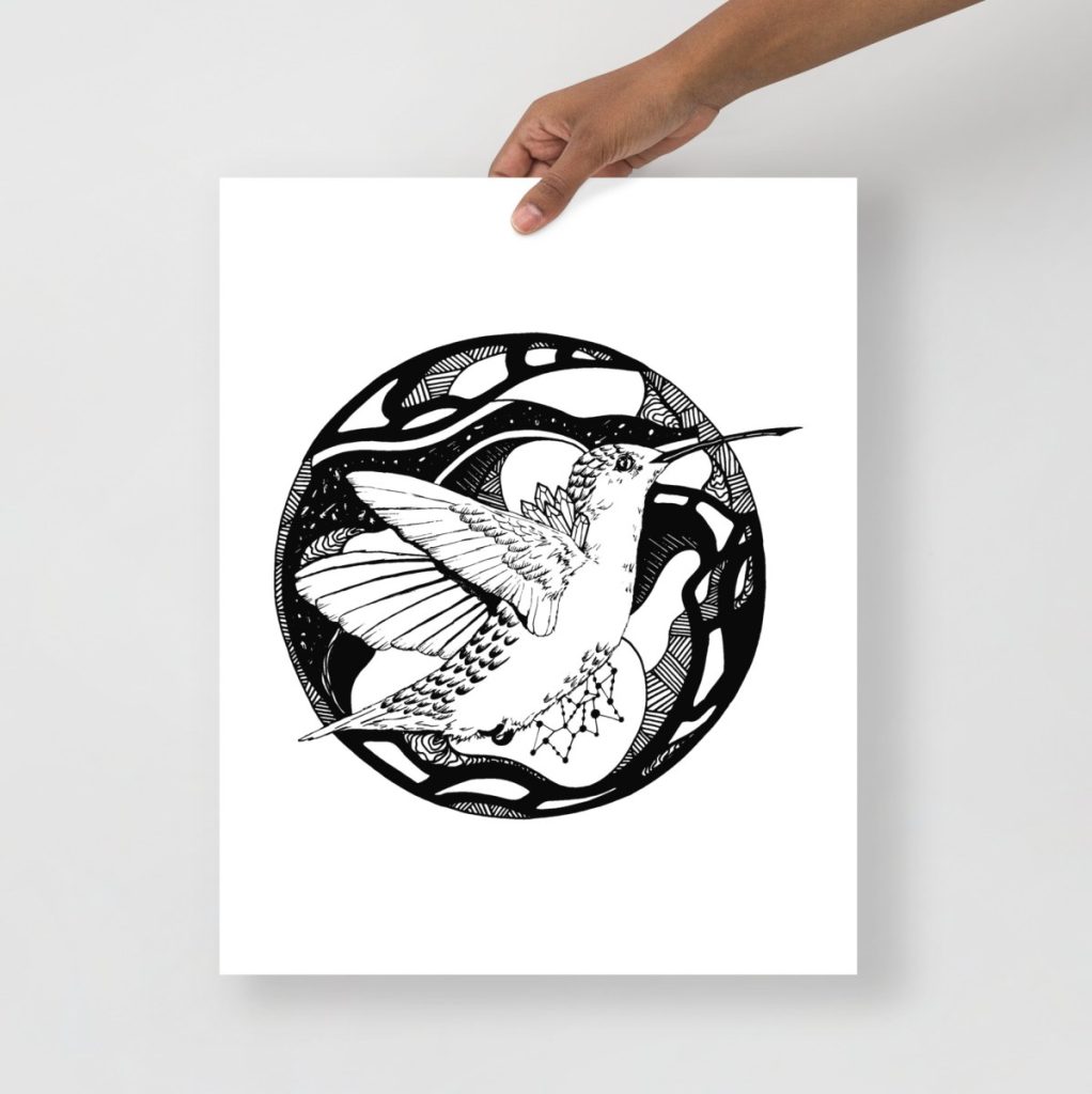 Hummingbird encircled within a geometric ring in refined black and white line print