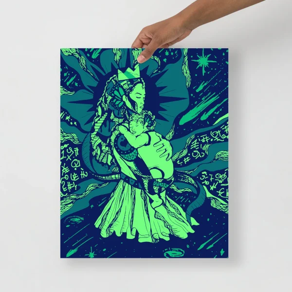 Neon green and navy moon art print for mom featuring an illustrated mother figure holding a child with celestial elements.