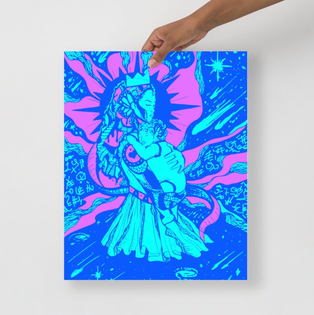 Blue celestial mother figure embracing moon phases in soft watercolor tones