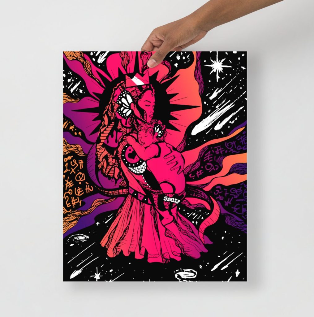 Warm sunset-hued mother and moon phases art print with golden gradients