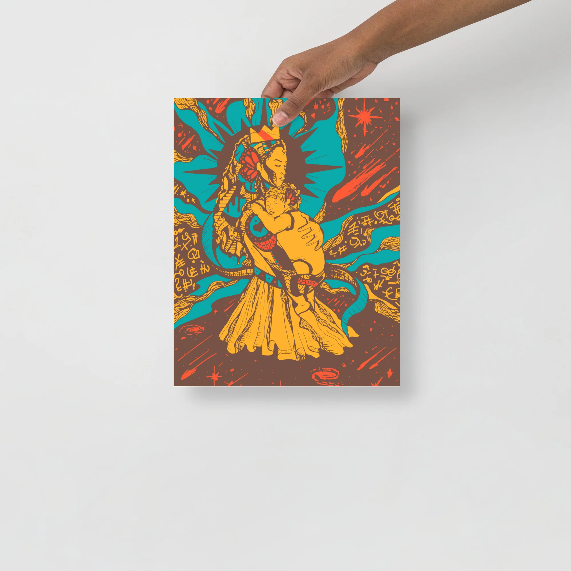 Colorful moon wall art print featuring a mother figure holding a child against a turquoise and gold celestial background