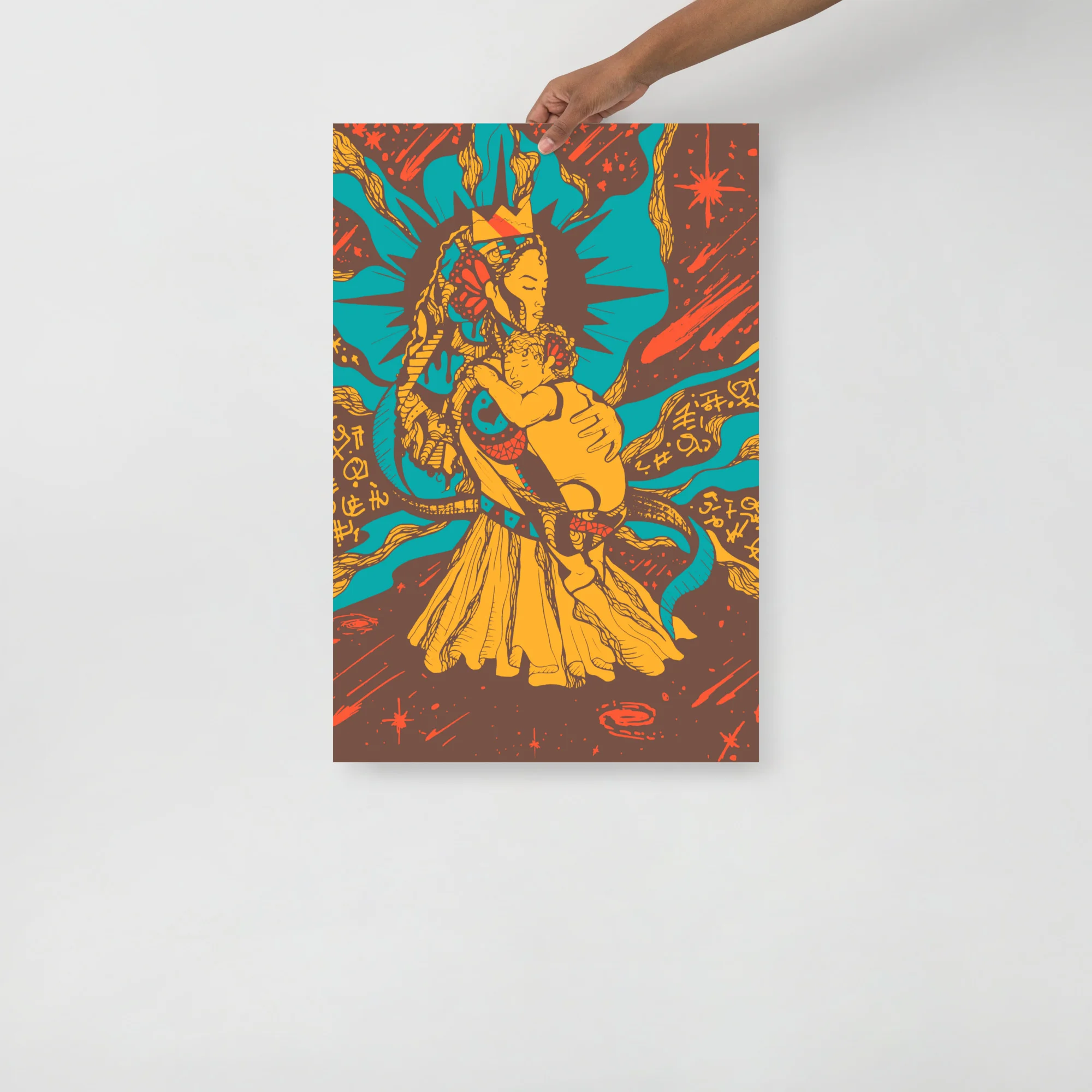 Moon wall art print featuring a mother figure with child in gold and turquoise tones, celestial design with cosmic elements.