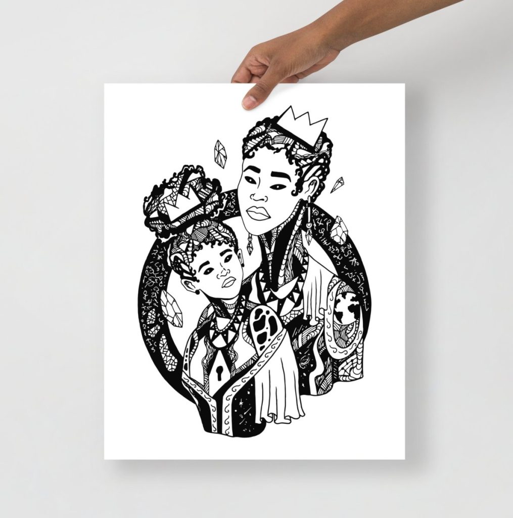 Venus and star themed mother and child art print with celestial elegance