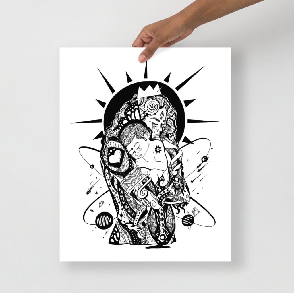 Delicate ink-drawn mother and child art prints perfect for celebrating mom