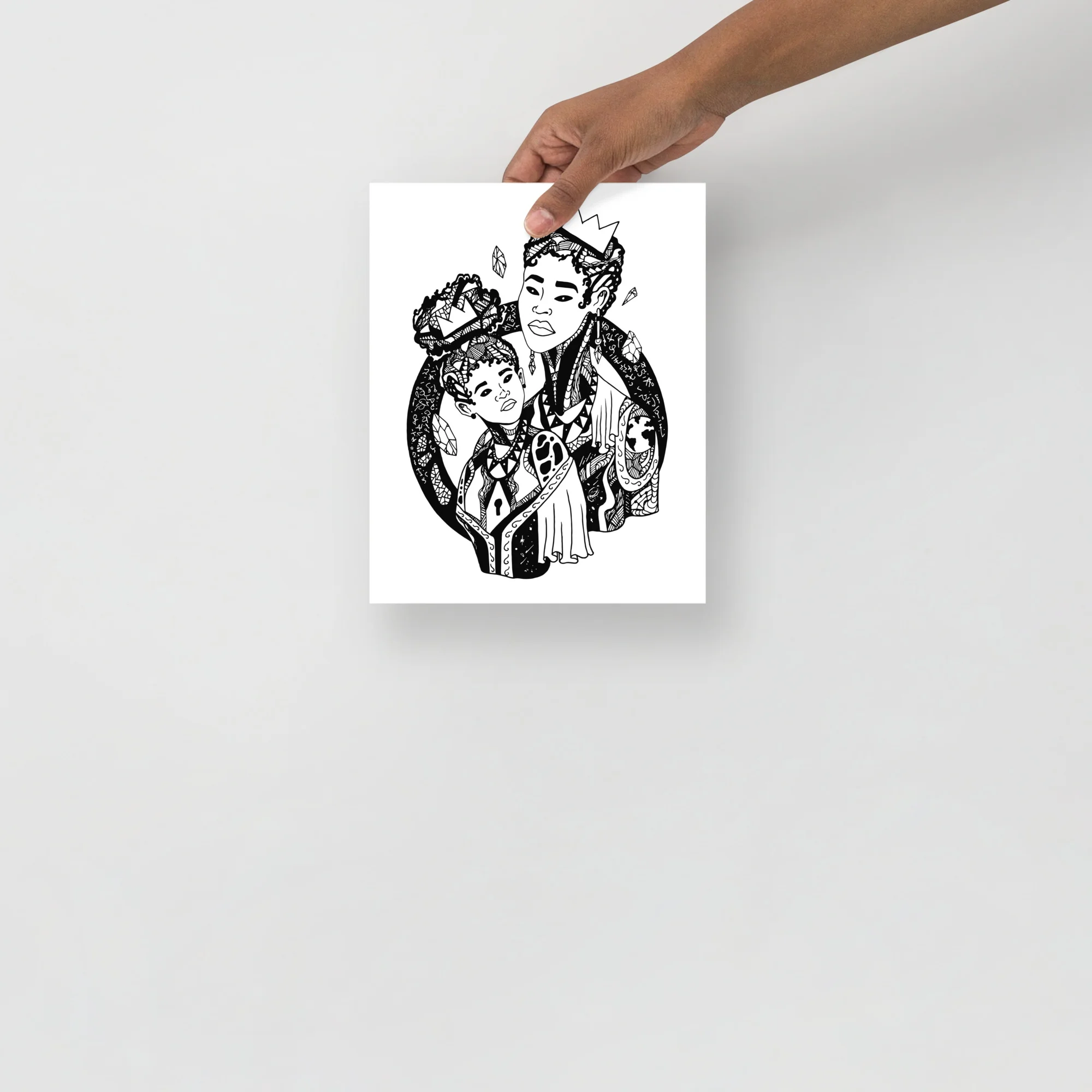 Mother and child art print featuring two figures with ornate details and decorative elements in black ink on white background