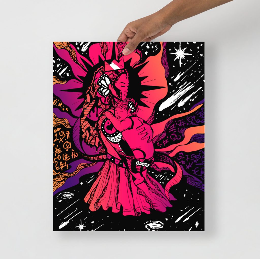Warm sunset toned mom and child moon art print glowing with orange hues