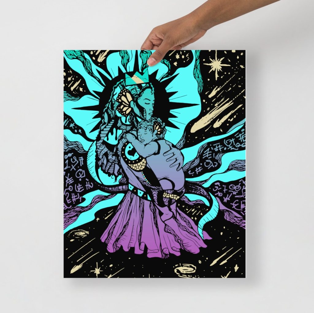Purple celestial moon mother and daughter wall art print with cosmic swirling background