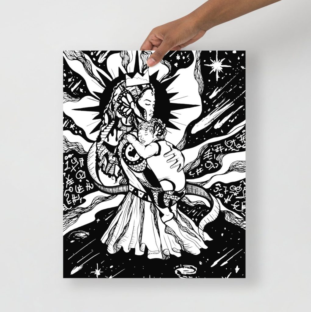 Ethereal mother of moon art print gifted for moms with luminous floral accents