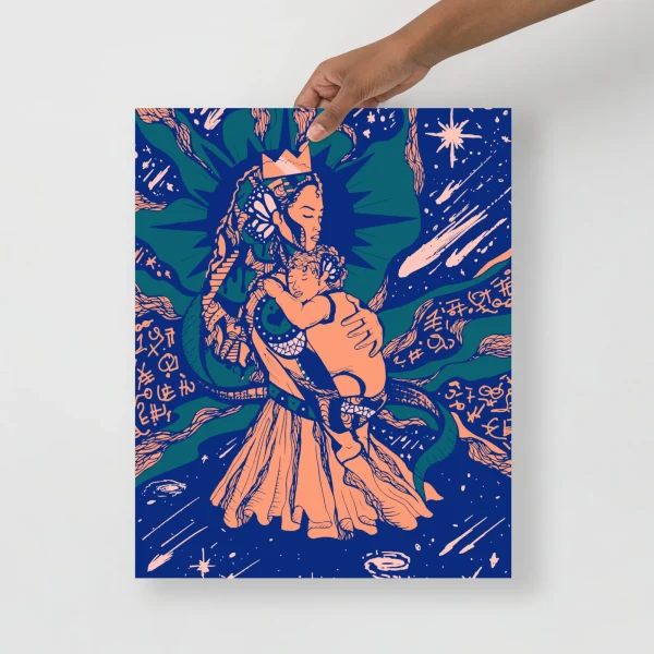 Mother and child celestial art print in orange and blue tones with cosmic background and decorative elements