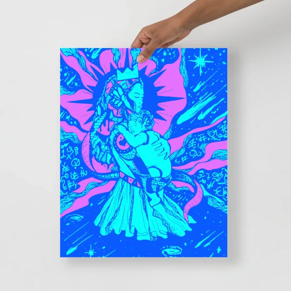 Mother of Moon wall art print featuring a blue celestial mother figure with child against pink and cyan cosmic background