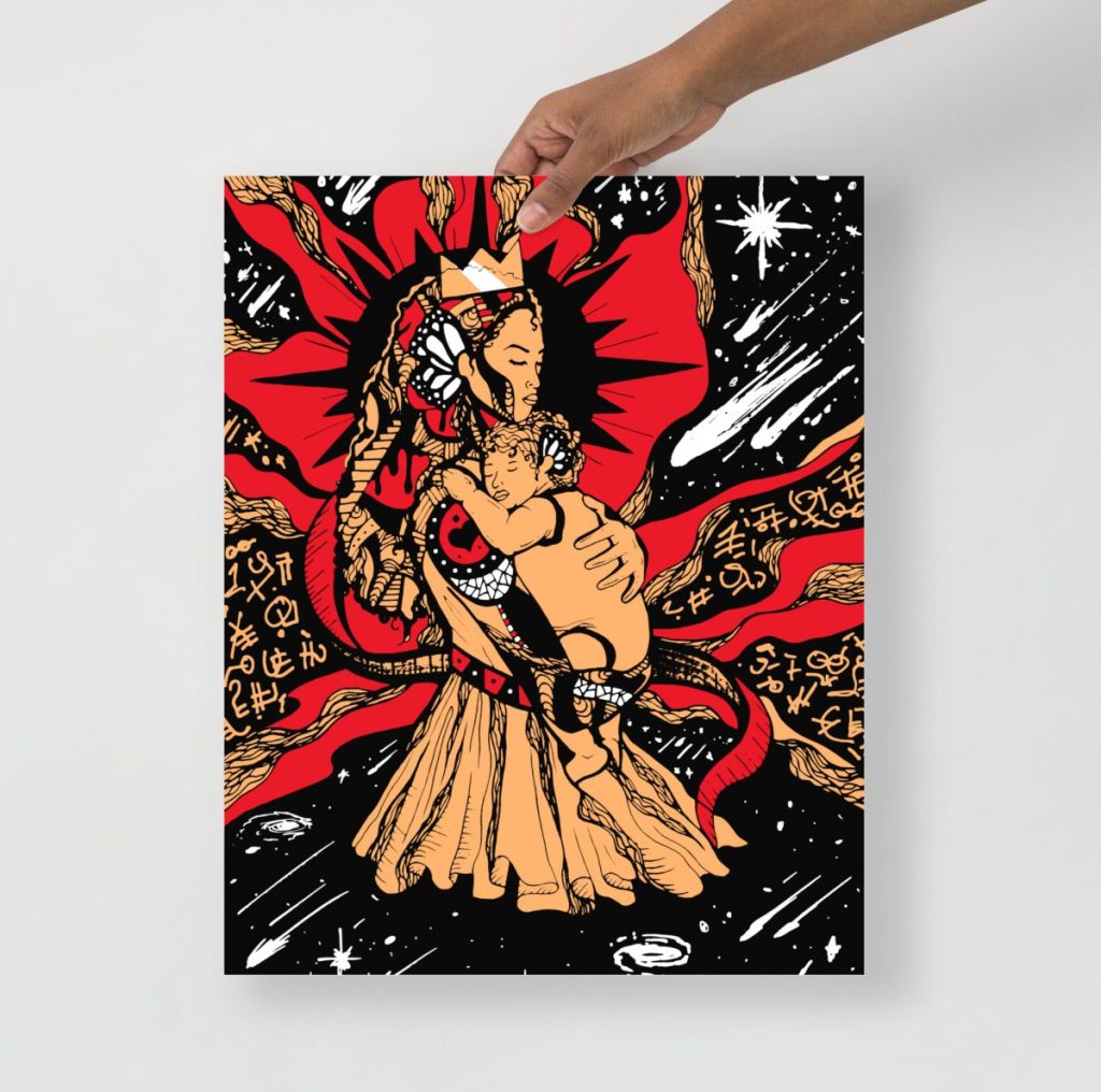 Royal red celestial art print featuring moon mother figure perfect mothers day gift