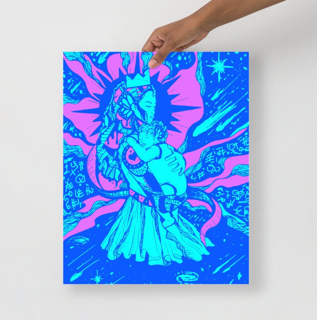 Blue celestial moon mother art print stunning mothers day gift with cosmic style