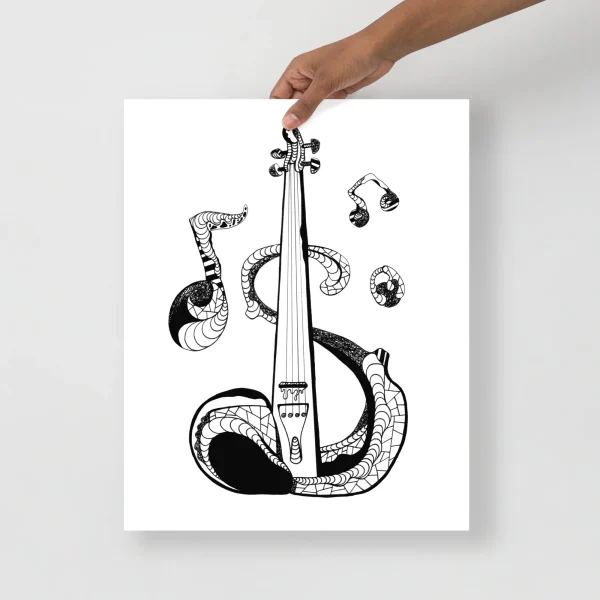 Black and white music wall art print featuring an artistic violin with decorative strings and musical notes illustration