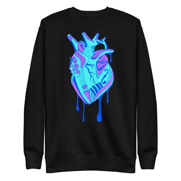 Black musical heart sweatshirt features neon blue and pink abstract heart design with guitar and musical notes