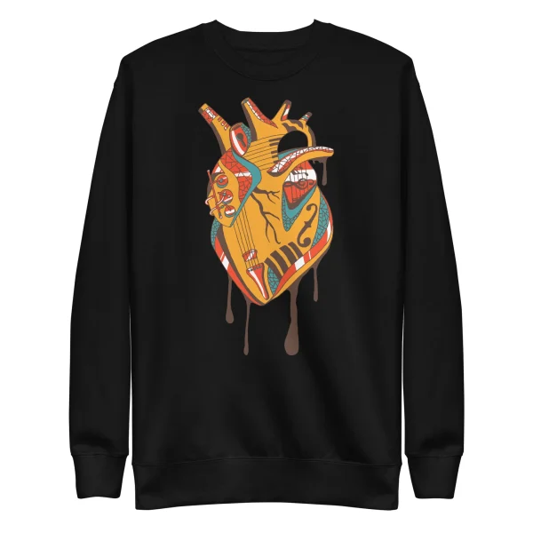 Black crewneck musical heart sweatshirt featuring a colorful artistic heart design with music elements and dripping paint effect