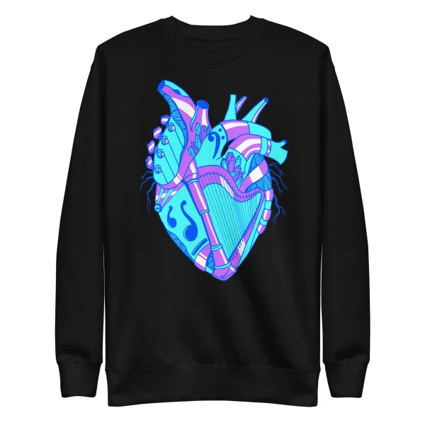 Black musical heart sweatshirt with vibrant blue and pink neon graphic design featuring ornate heart illustration