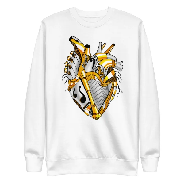 White musical heart sweatshirt featuring a gold and orange steampunk heart design with musical instruments.