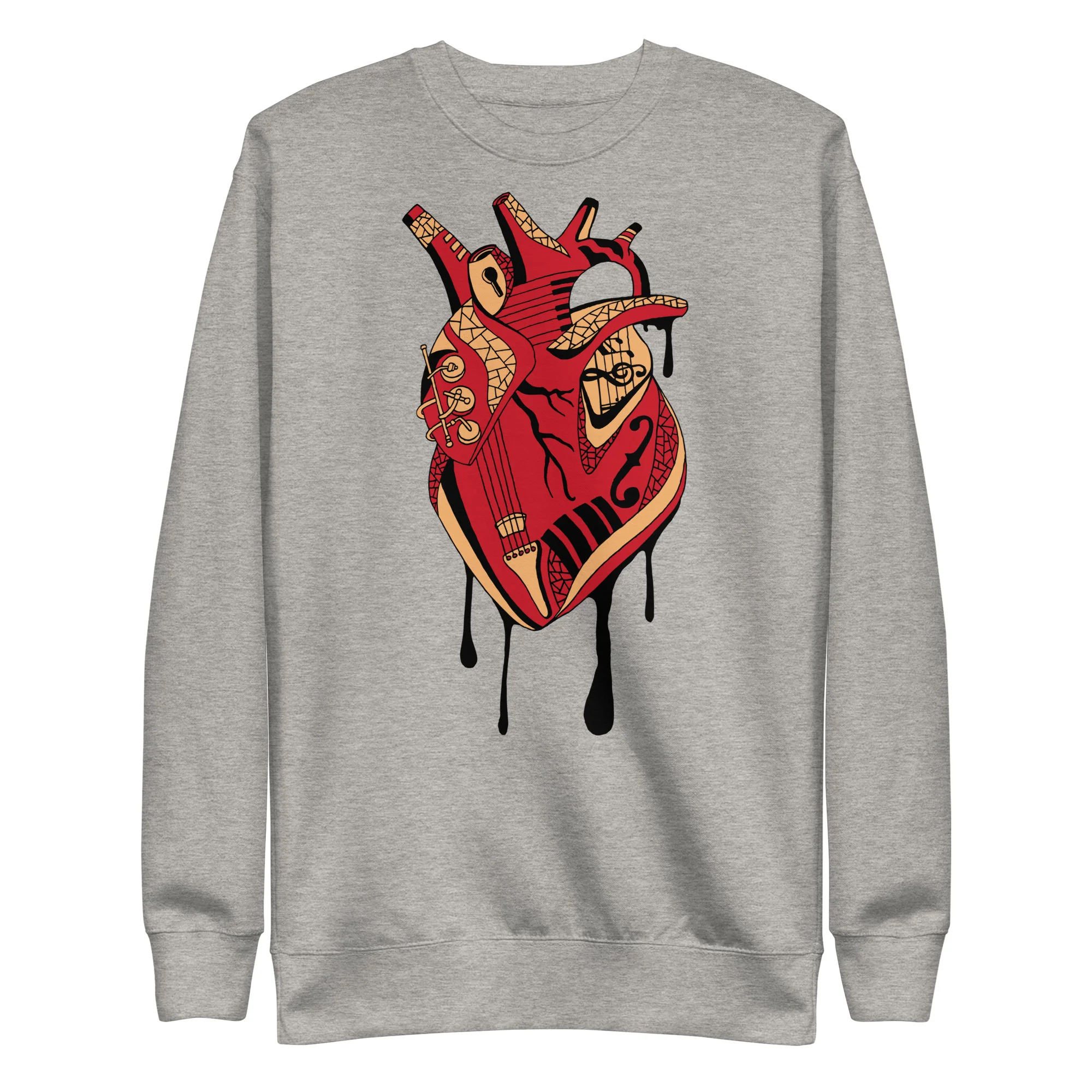 Musical heart sweatshirt in grey with red and cream decorative heart design featuring guitars and musical elements