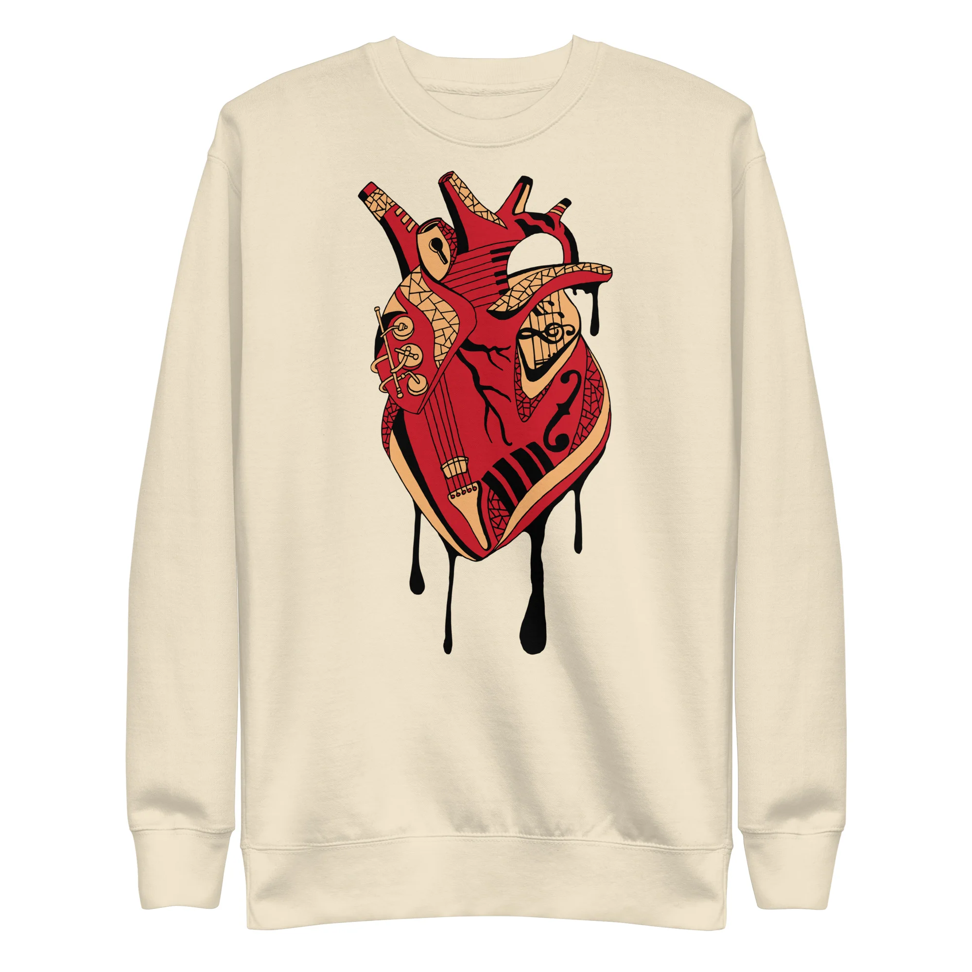 Musical heart sweatshirt featuring a red anatomical heart adorned with instruments and decorative patterns on cream fabric