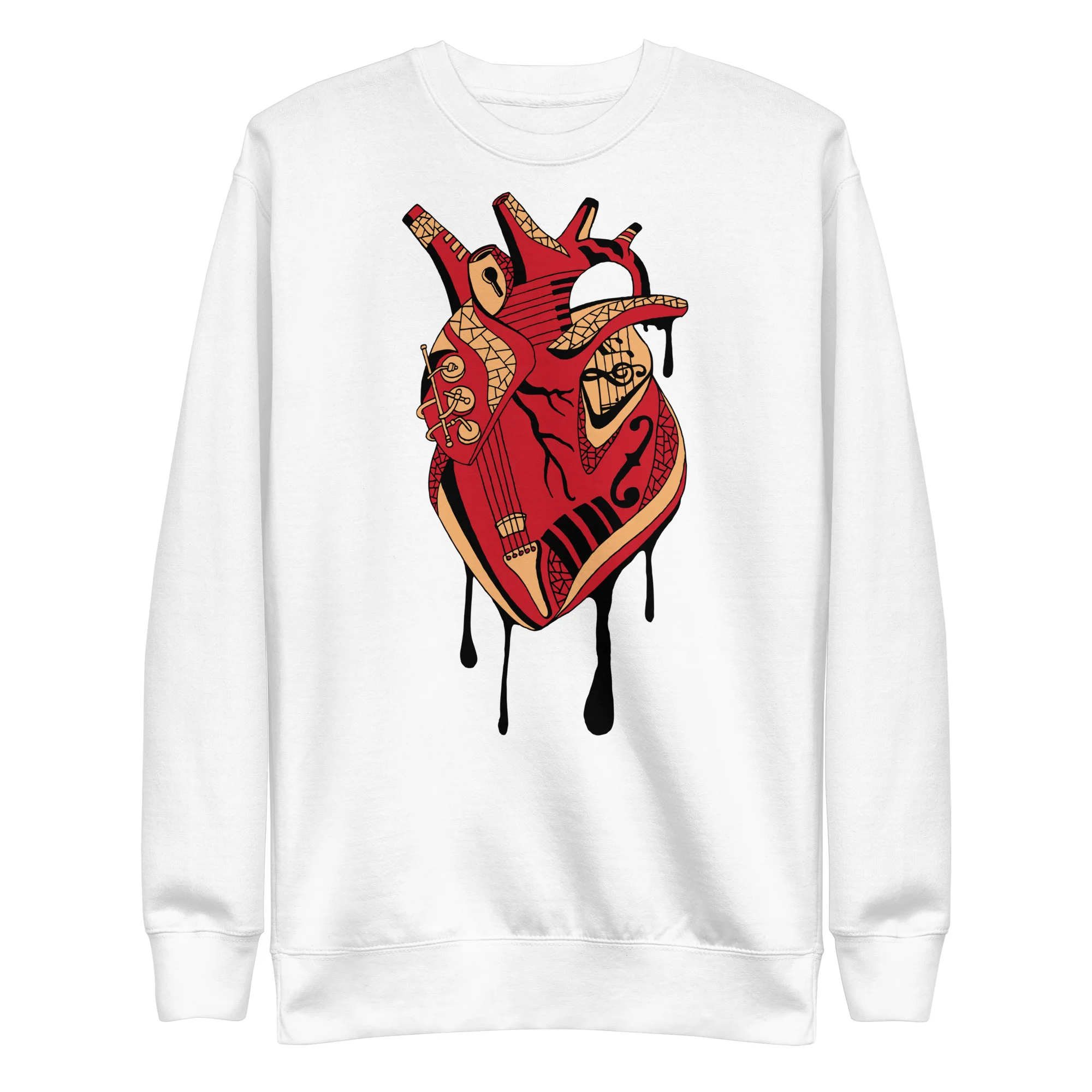 White musical heart sweatshirt features a red and cream anatomical heart design with guitar and musical instrument details