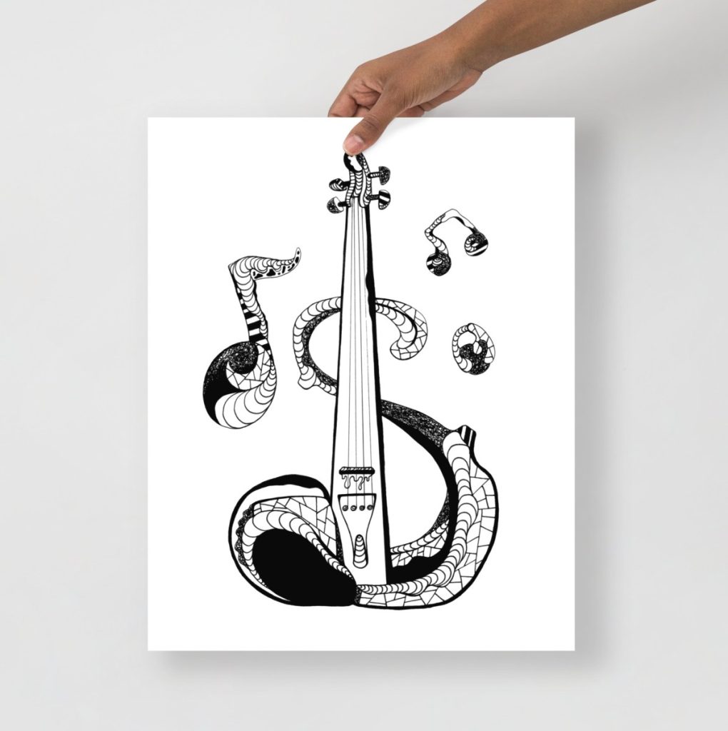 Minimalist musical instrument art print featuring delicate string lines on white background