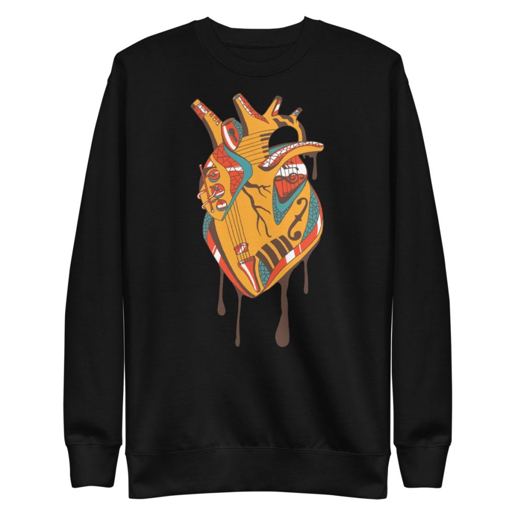 Fleece crewneck sweatshirt displaying elegant heart shaped musical instrument art design