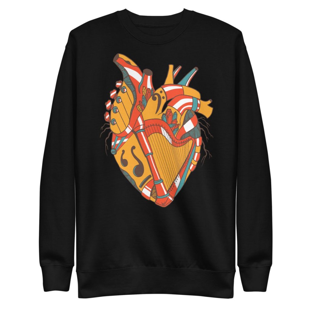 Pullover crewneck sweatshirt with expressive musical instrument art heart illustration